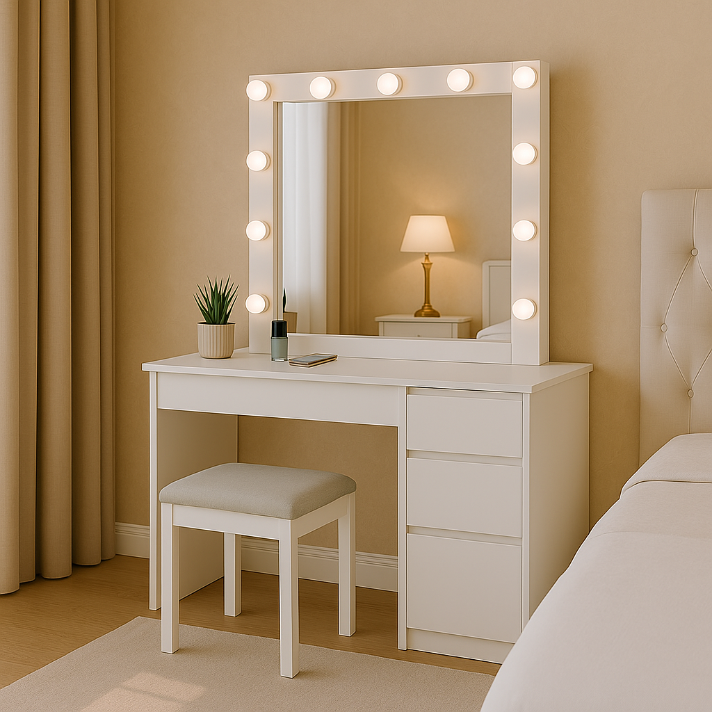 Aga – toilette con specchio, illuminazione LED e sgabello in bianco opaco