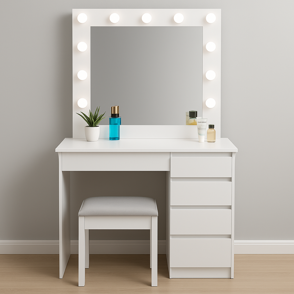 Aga – toilette con specchio, illuminazione LED e sgabello in bianco opaco