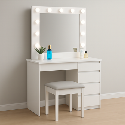 Aga – toilette con specchio, illuminazione LED e sgabello in bianco opaco