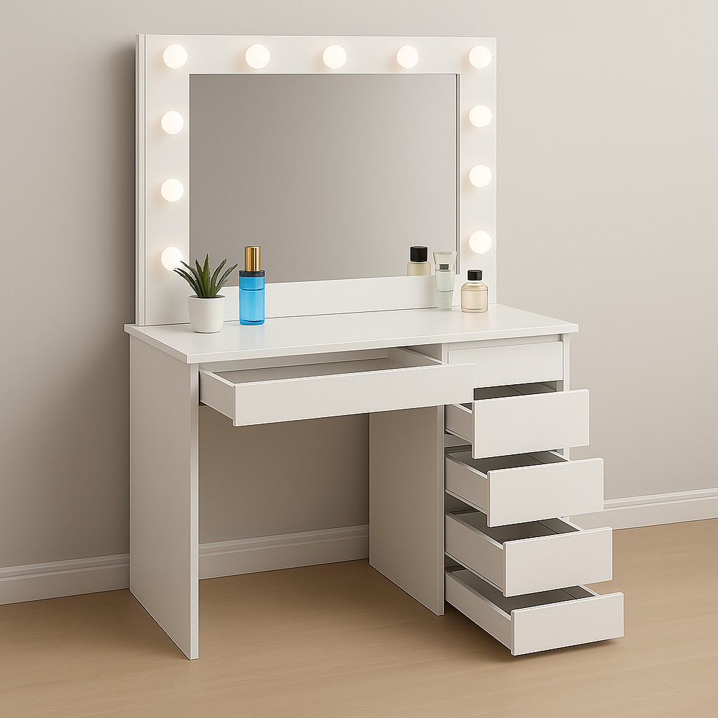 Aga – toilette con specchio, illuminazione LED e sgabello in bianco opaco
