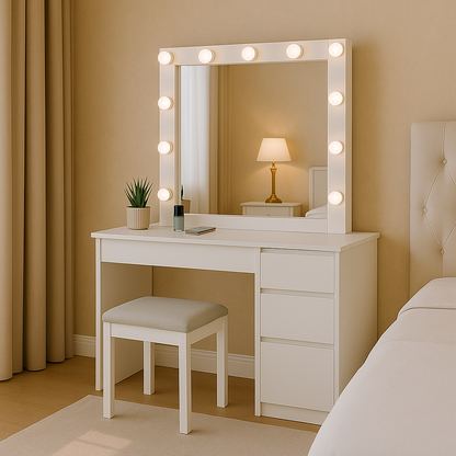 Aga – toilette con specchio, illuminazione LED e sgabello in bianco opaco